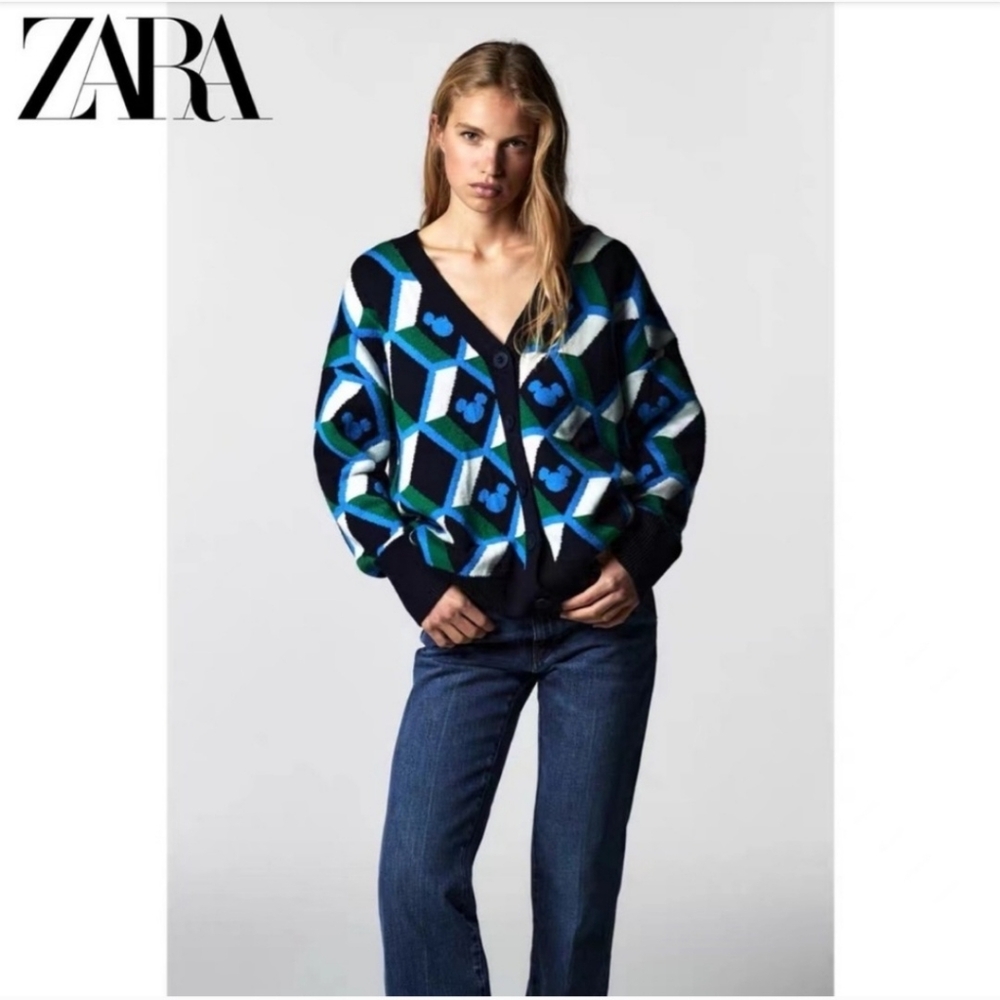 Disney Zara Blue, Green & White Geometric V‑Neck Cardigan